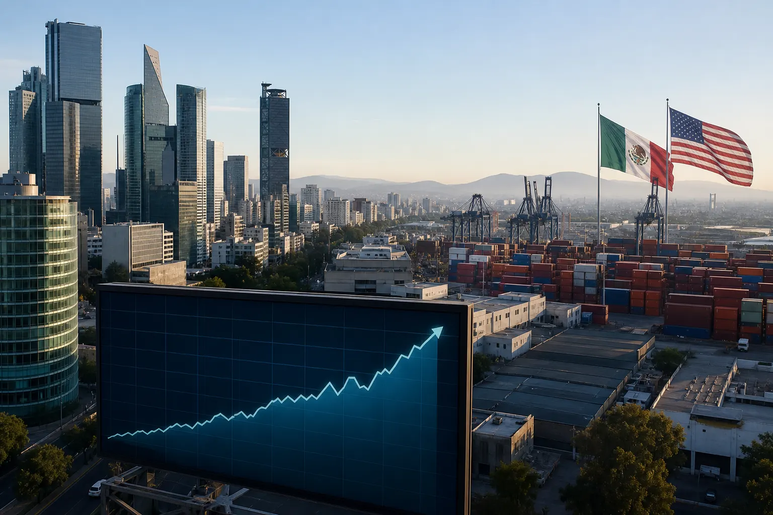 Vista de la Ciudad de México y contenedores de carga para ilustrar el pronóstico de crecimiento de Banxico en 2026