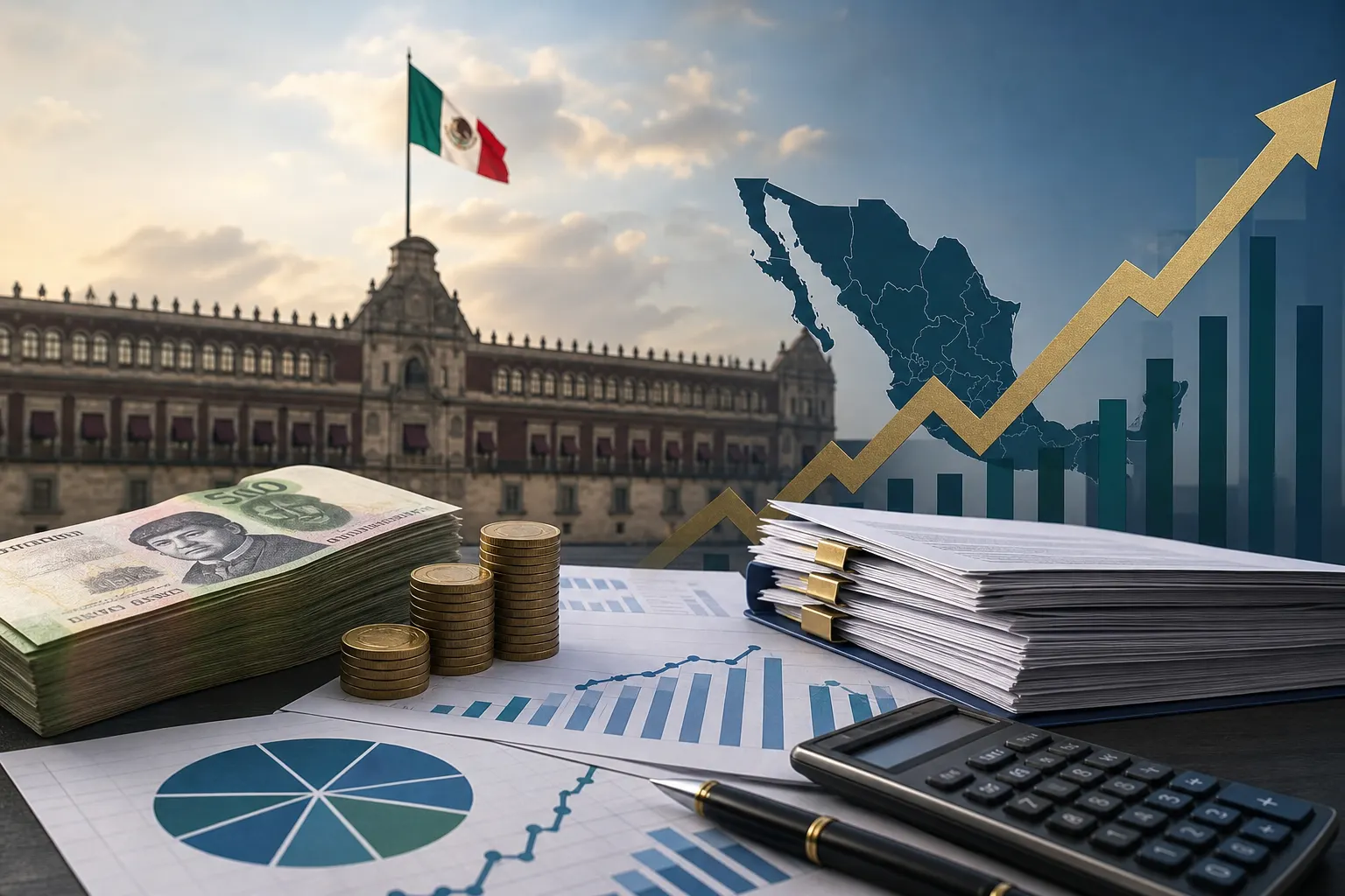 Documentos de finanzas públicas de México junto a gráficos de deuda y billetes mexicanos