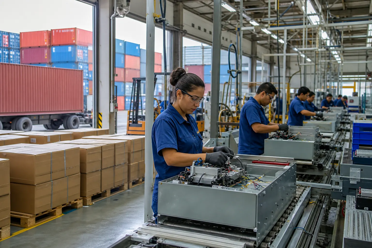 Trabajadores en una planta mexicana de manufactura electrónica destinada a la exportación