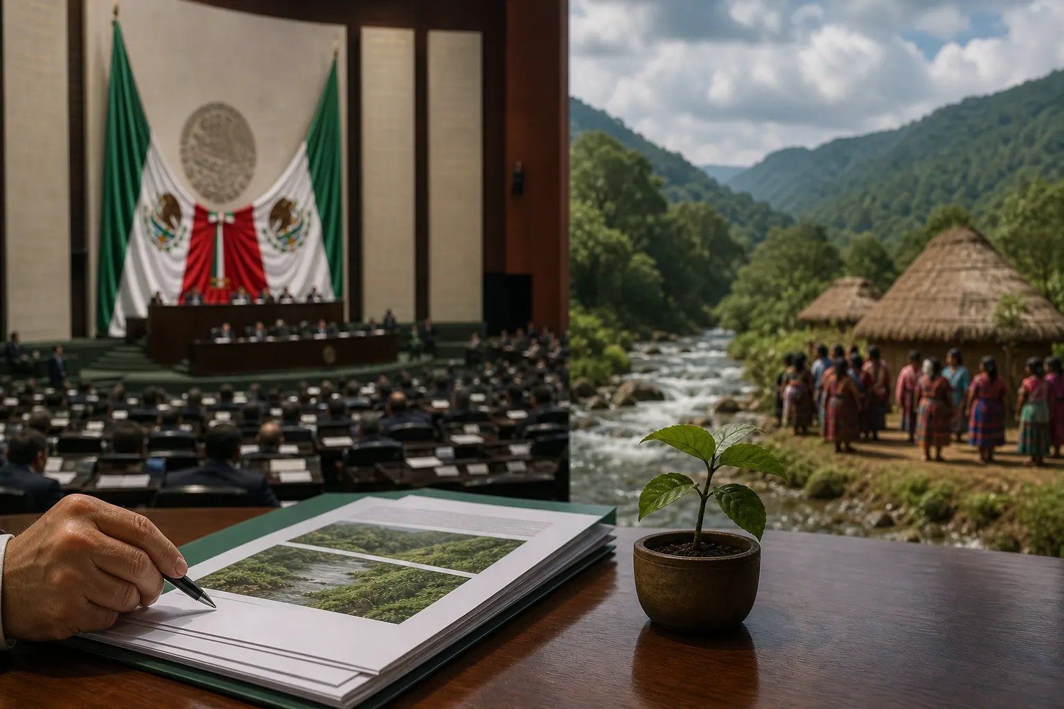 Cámara de Diputados y paisaje natural en referencia a la iniciativa de nueva ley ambiental