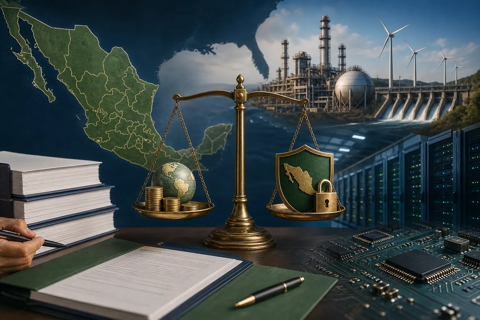 Documentos de una iniciativa mexicana para revisar inversiones extranjeras por seguridad nacional junto a símbolos de energía y tecnología