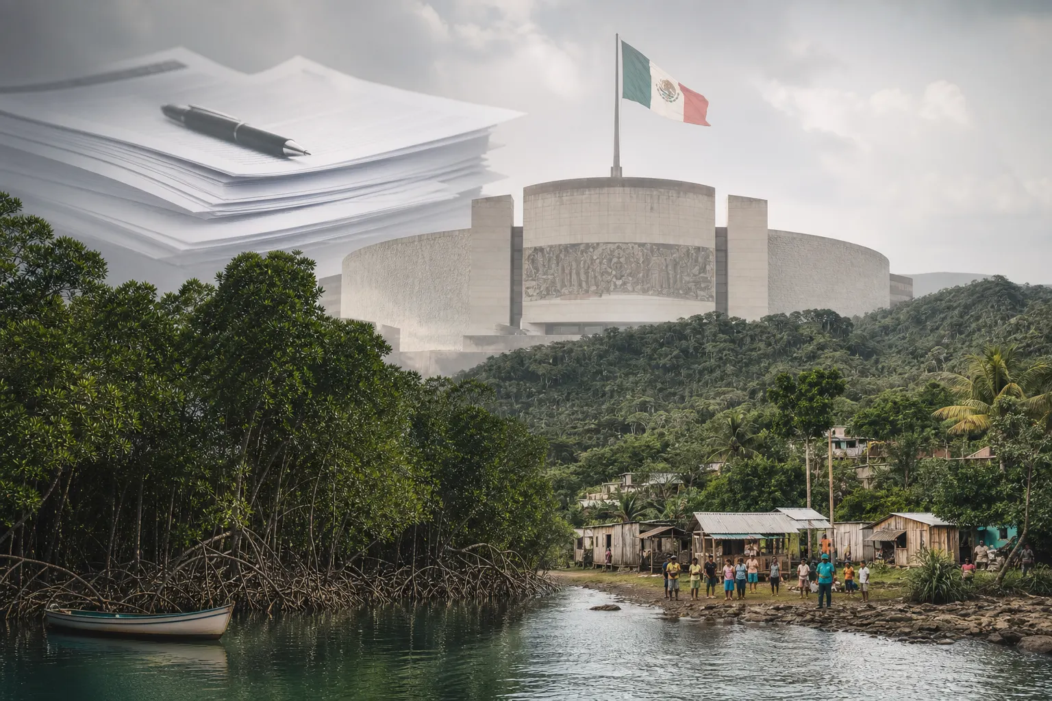 Paisaje mexicano con ecosistemas y referencia visual al debate de una nueva ley ambiental