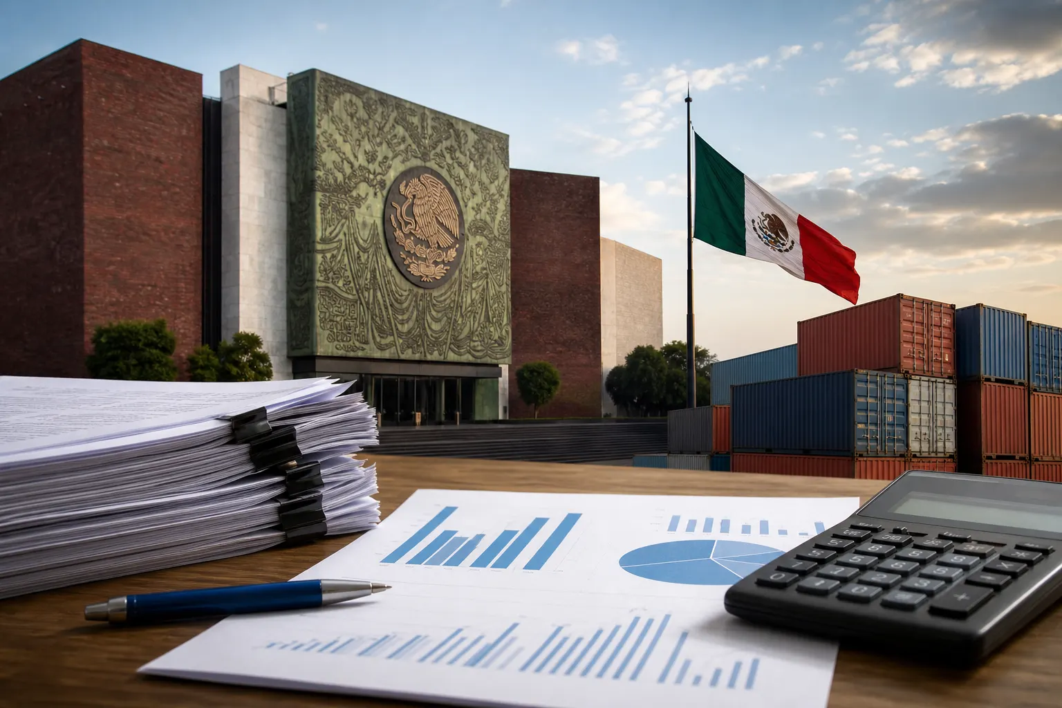 Documentos del Paquete Económico 2027 junto a símbolos de comercio exterior en México