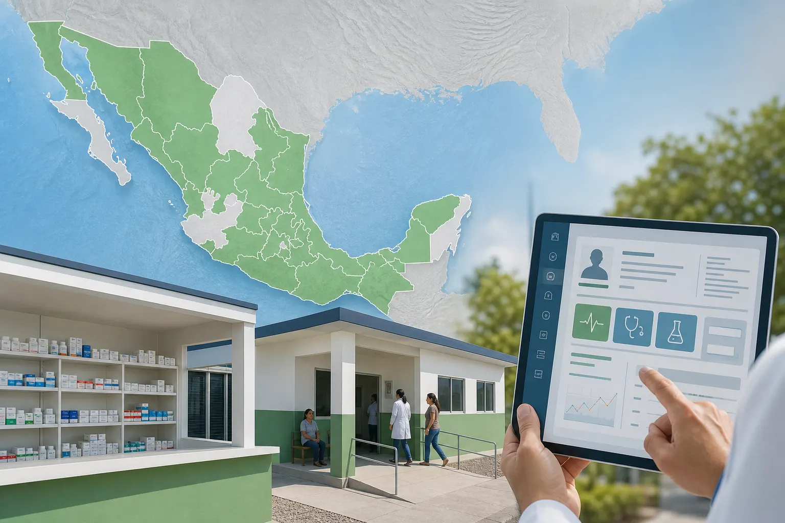 Mapa de México con la expansión del Servicio Universal de Salud y las Farmacias del Bienestar