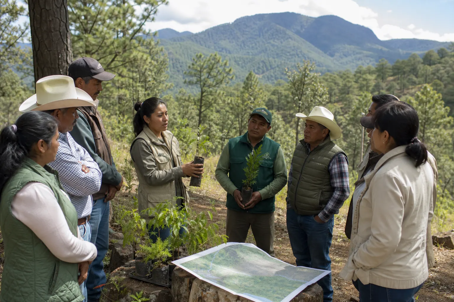 Integrantes de una comunidad forestal mexicana participan en acciones de restauración y manejo sustentable del bosque.