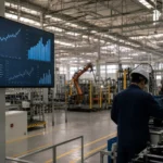 Planta manufacturera en México con trabajadores y líneas de producción