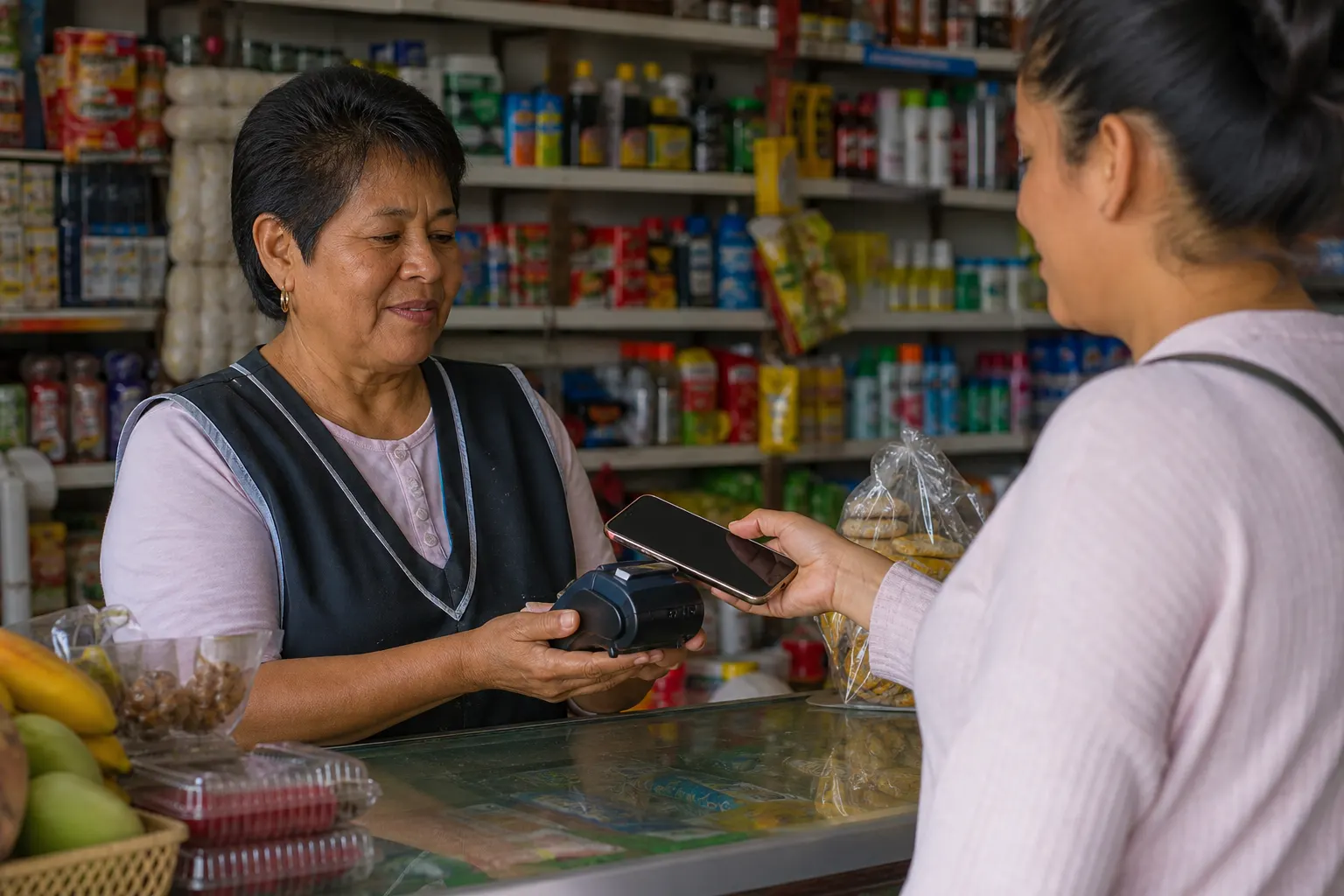 Pequeño comercio mexicano acepta un pago digital con terminal bancaria