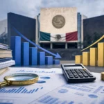 Documentos del Paquete Económico 2027 junto a gráficas de crecimiento, déficit y deuda pública de México