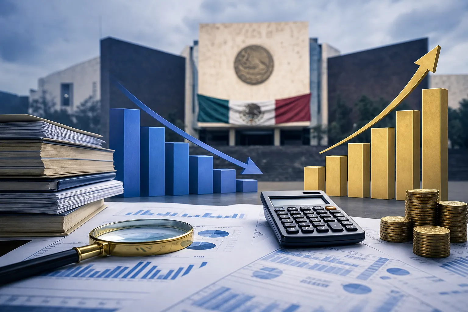 Documentos del Paquete Económico 2027 junto a gráficas de crecimiento, déficit y deuda pública de México