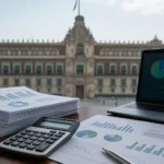 Documentos del Paquete Económico 2027 de México junto a una calculadora y gráficos financieros