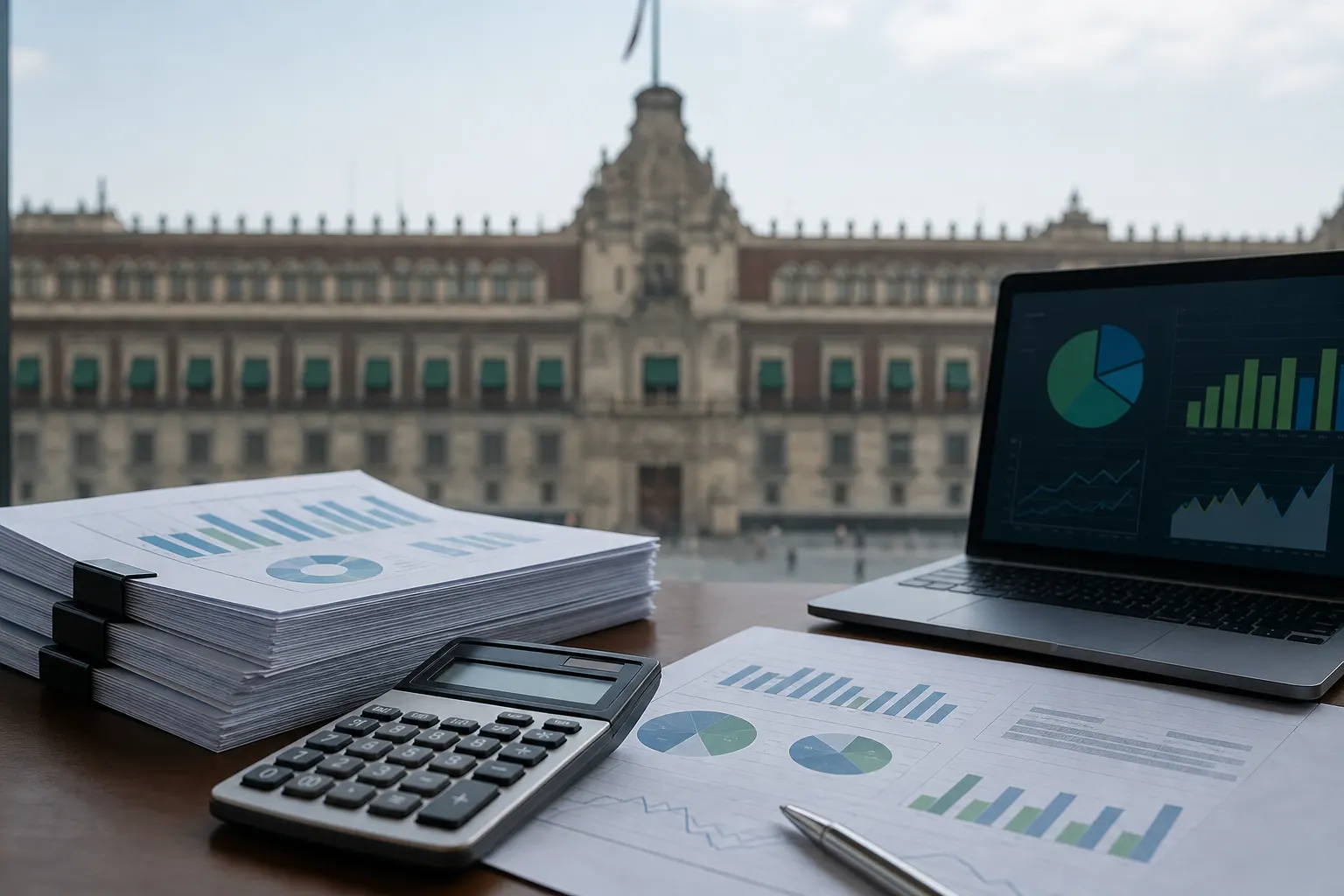 Documentos del Paquete Económico 2027 de México junto a una calculadora y gráficos financieros