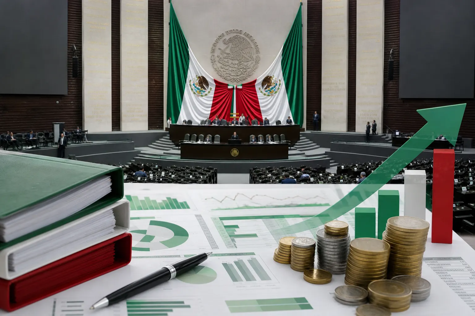 Documentos del Paquete Económico 2027 de México junto a gráficas de recaudación y gasto público