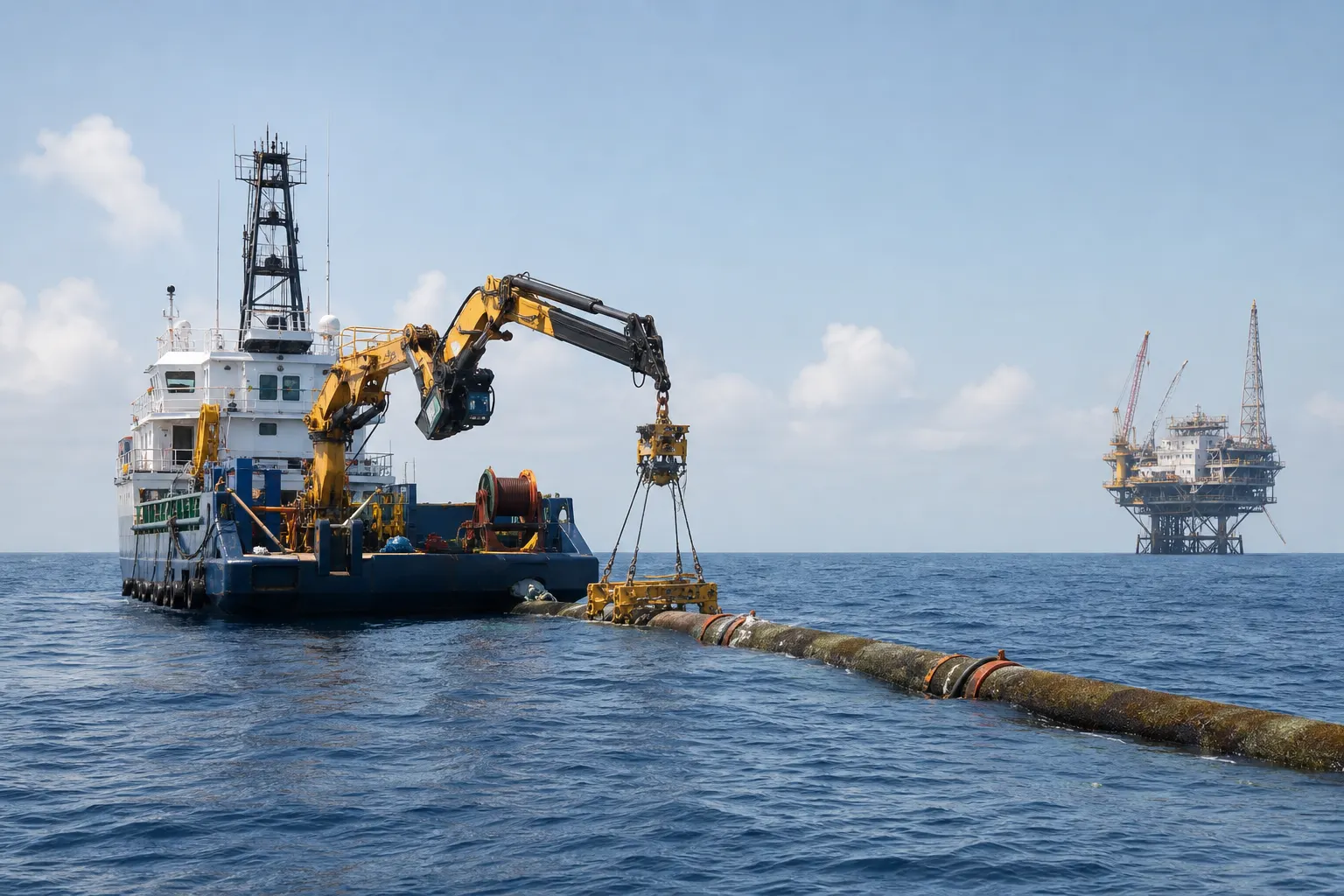 Embarcaciones trabajan en la reparación de un ducto marino frente a Campeche