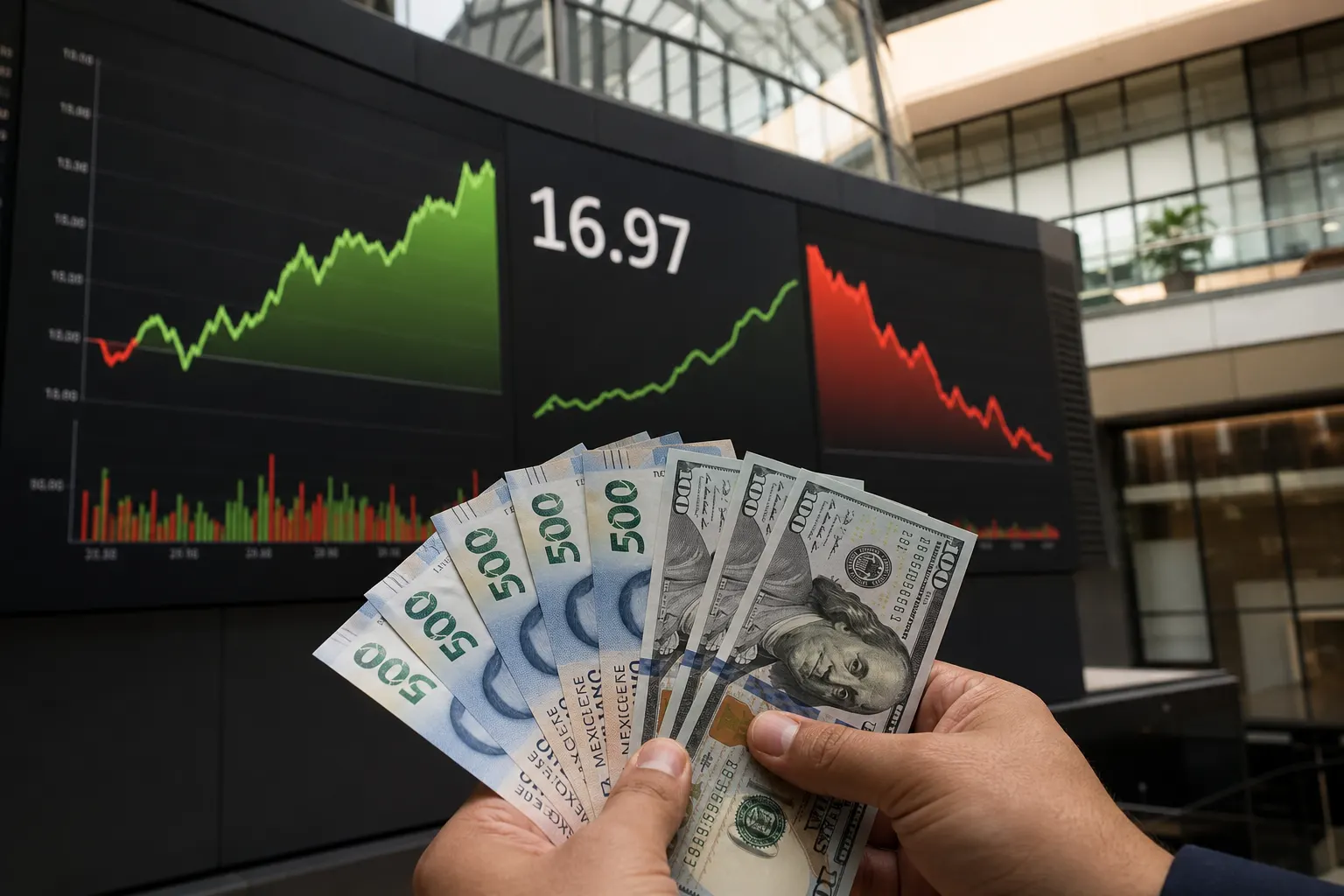 Tablero financiero con el peso mexicano cerca de 16.97 por dólar el 11 de septiembre de 2026