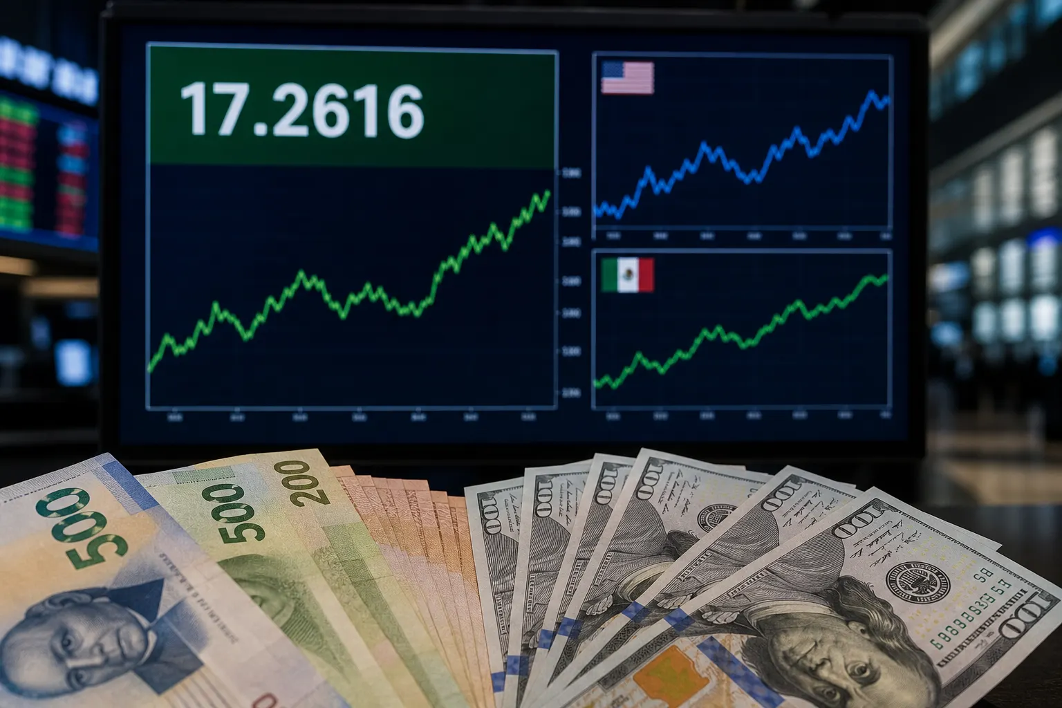 Pantalla financiera con el peso mexicano frente al dólar y gráficos de tasas de interés