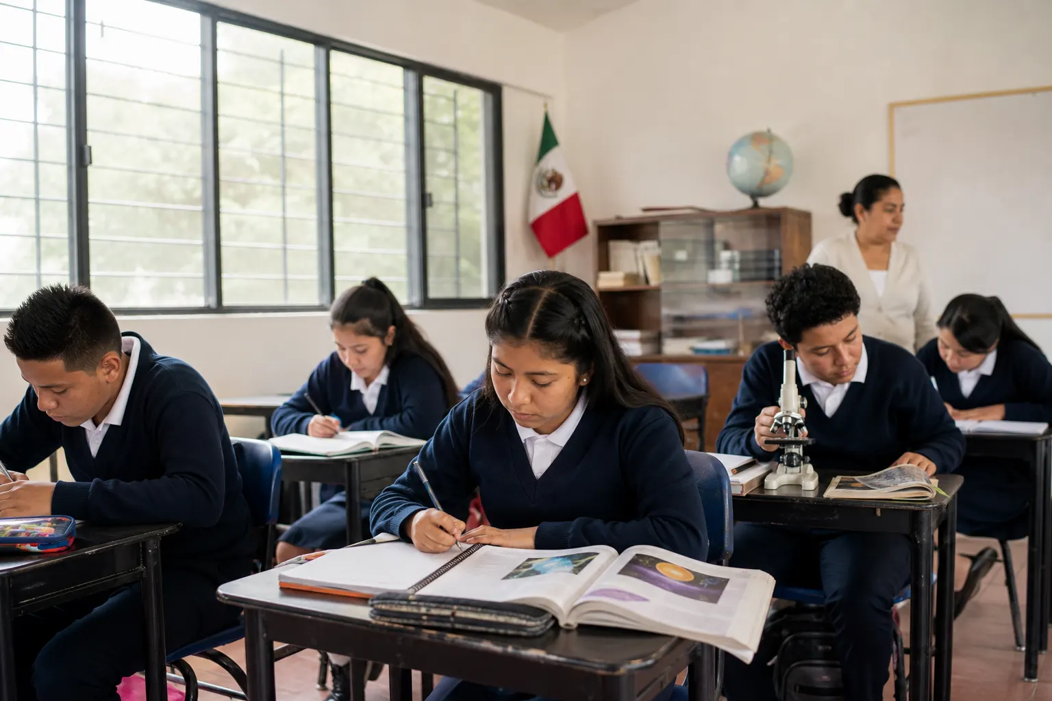 Estudiantes mexicanos trabajan con libros y materiales de matemáticas y ciencias en un salón de secundaria