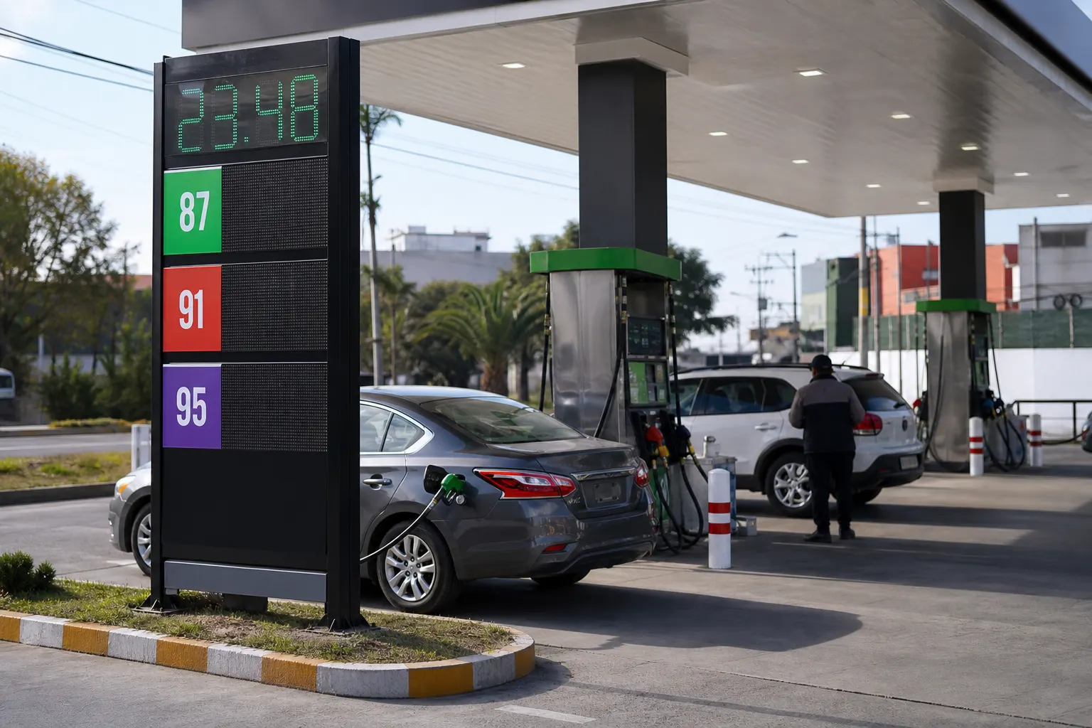 Tablero de una gasolinera en México con el precio de la gasolina regular por debajo de 24 pesos por litro