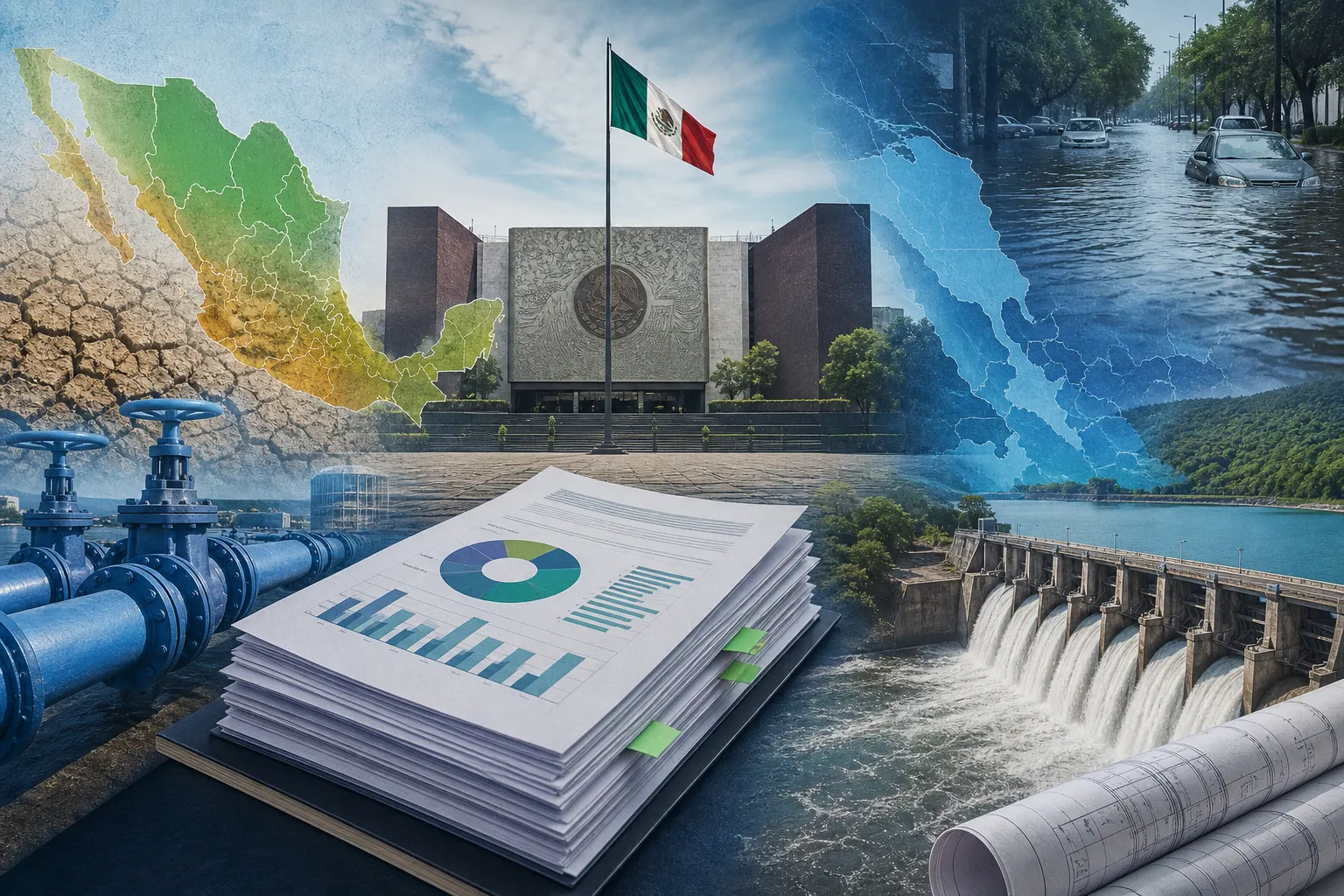 Documentos del presupuesto climático de México 2027 junto a infraestructura hídrica y el Congreso