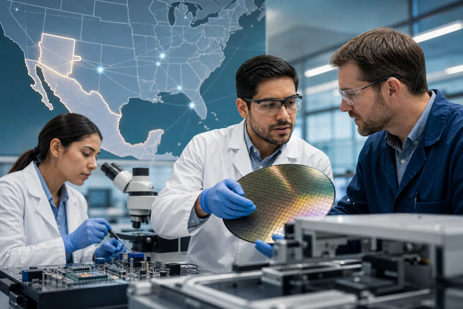 Ingenieros trabajan en un laboratorio de semiconductores durante la cooperación entre México y Arizona