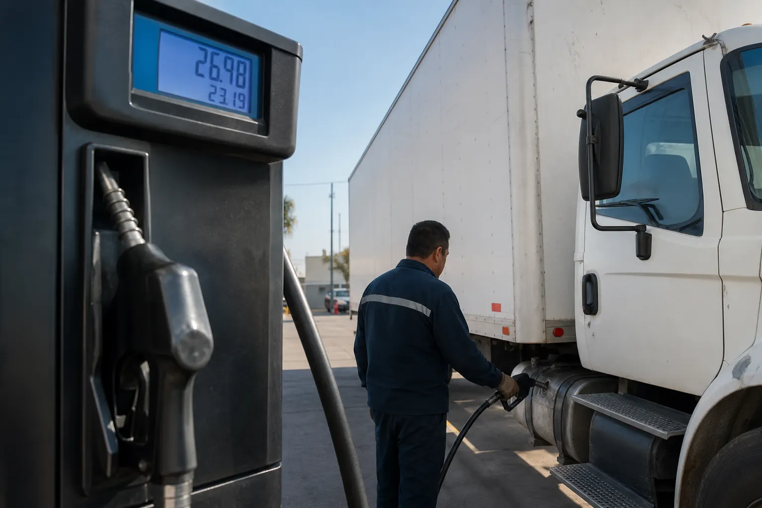 Camión de carga abasteciéndose de diésel en una gasolinera mexicana