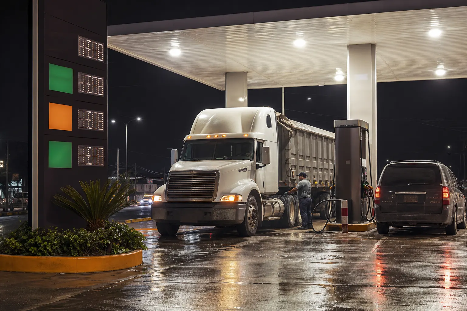 Camión de carga y automóvil en una estación de servicio durante la aplicación de estímulos fiscales a combustibles en México