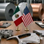 Documentos del T-MEC junto a piezas automotrices y materiales de acero y aluminio durante una negociación entre México y Estados Unidos