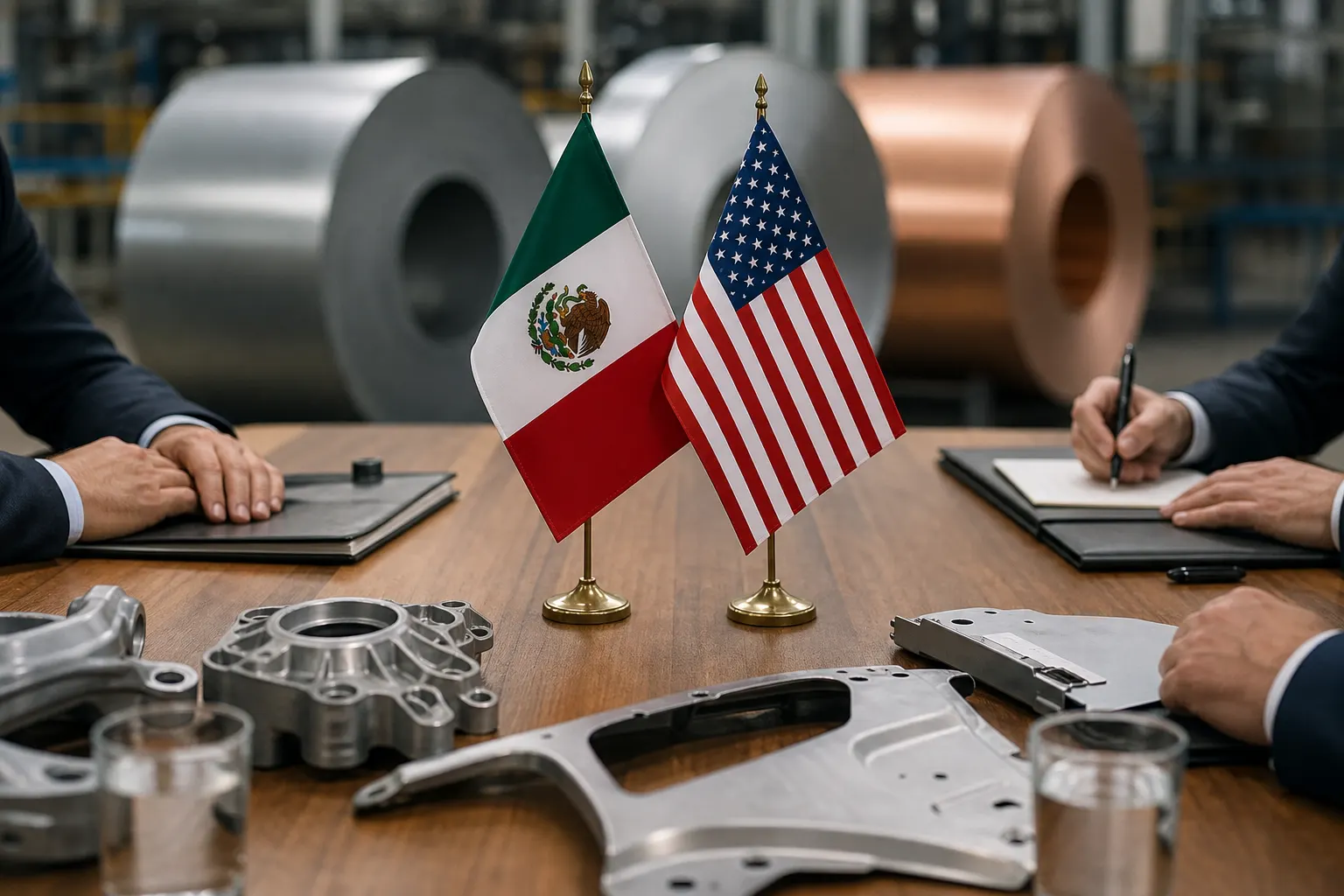 Documentos del T-MEC junto a piezas automotrices y materiales de acero y aluminio durante una negociación entre México y Estados Unidos